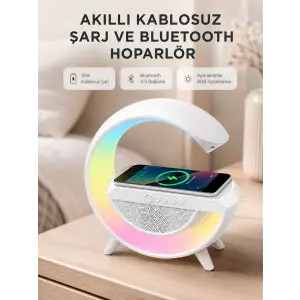 Kablosuz Şarjlı Bluetooth Hoparlör ve Gece Lambası – NFC, FM Radyo, RGB Işık