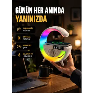 Kablosuz Şarjlı LED Masa Lambası Çalar Saat ve Beyaz Gürültü Özellikli