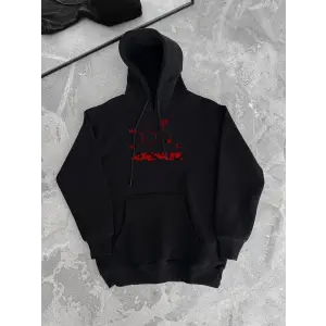 Kadın Oversize Kapüşonlu Cepli Baskılı 3 İplik Pamuklu Hoodie Sweatshirt - Siyah