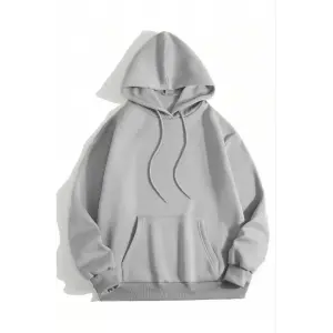 Kadın Kapüşonlu Kanguru Cepli 3 İplik Pamuklu Düz Hoodie Sweatshirt - Gri