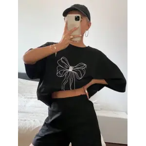 Kadın Fiyonk Baskılı T-Shirt Kısa Kol Bisiklet Yaka Oversize Tişört - Siyah