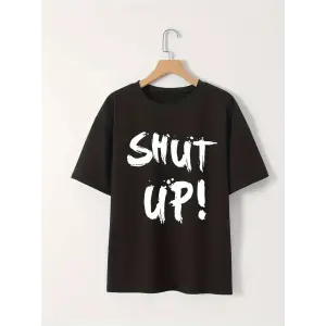 Kadın Tişört Shut Up Baskılı Kısa Kol Bisiklet Yaka T-Shirt - Siyah
