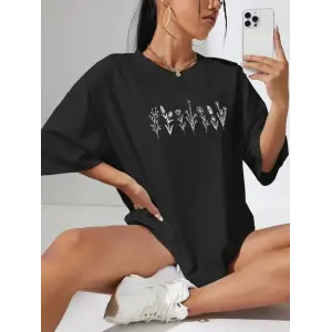 Kadın Baskılı T-Shirt Kısa Kol Bisiklet Yaka Oversize Rahat Kalıp Tişört - Siyah