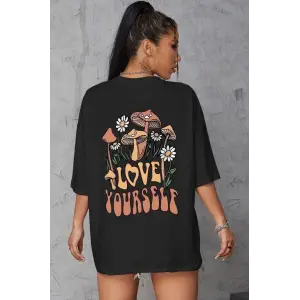 Kadın Baskılı Oversize kısa kol T-Shirt - Siyah