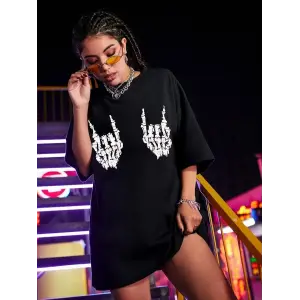 Kadın Baskılı T-Shirt Kısa Kol Bisiklet Yaka Oversize Rahat Kalıp Tişört - Siyah