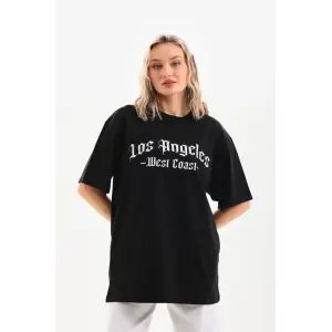 Kadın Baskılı Tişört Kısa Kol Bisiklet Yaka Oversize T-Shirt - Siyah