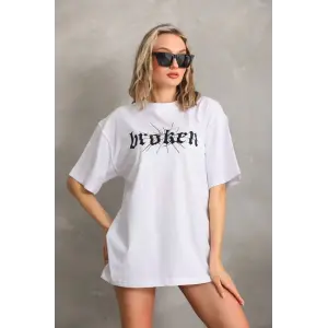 Kadın Kısa Kol Yazlık Tişört Bisiklet Yaka Baskılı Oversize T-Shirt - Beyaz