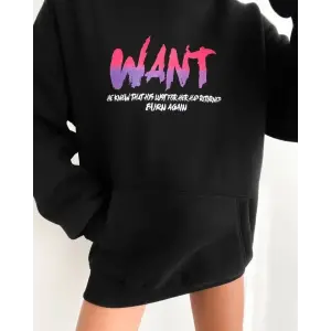 Kadın Oversize Kapüşonlu Cepli WANT Baskılı 3 İplik Pamuklu Hoodie Sweatshirt - Siyah