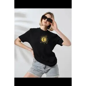 Kadın Bisiklet Yaka Baskılı  Kısa kol T-Shirt - Siyah