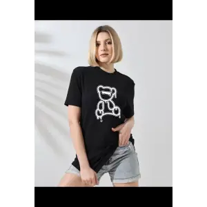 Kadın Bisiklet Yaka Baskılı  Kısa kol T-Shirt - Siyah