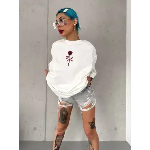 kadın Bisiklet Yaka Baskılı Oversize Kısa kol  T-Shirt - Beyaz