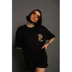 kadın Bisiklet Yaka Baskılı Oversize Kısa kol T-Shirt - Siyah