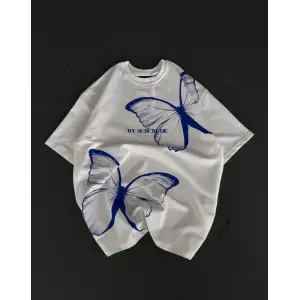 kadın  Bisiklet Yaka Baskılı Oversize T-Shirt - Beyaz