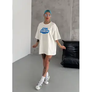 Kadın Kısa Kol Yazlık Tişört Bisiklet Yaka Baskılı Oversize T-Shirt - Beyaz