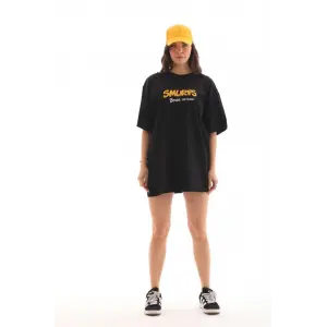 Kadın Kısa Kol Yazlık Tişört Bisiklet Yaka Baskılı Oversize T-Shirt - Siyah
