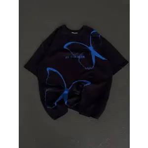 kadın Bisiklet Yaka Baskılı Oversize T-Shirt - Siyah