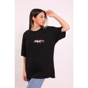 Kadın Kısa Kol Yazlık Tişört Bisiklet Yaka Baskılı Oversize T-Shirt - Siyah