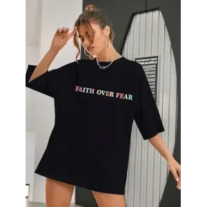 Kadın Baskılı T-Shirt Kısa Kol Bisiklet Yaka Oversize Rahat Kalıp Tişört - Siyah