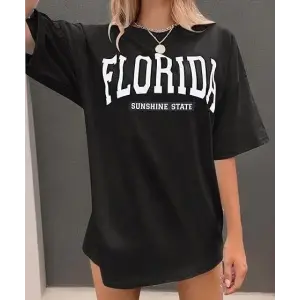 Kadın Kısa Kol Yazlık Tişört Bisiklet Yaka FLORIDA Baskılı T-Shirt - Siyah