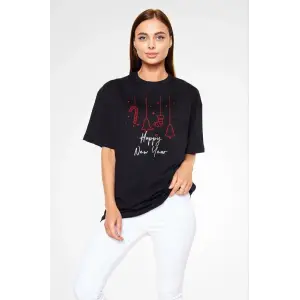 kadın Bisiklet Yaka  Kısa kol Baskılı Oversize T-Shirt - Siyah
