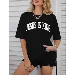 Kadın Baskılı T-Shirt Kısa Kol Bisiklet Yaka Oversize Rahat Kalıp Tişört - Siyah