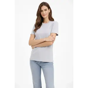 Kadın Bisiklet Yaka Yazlık Kısa kol Düz Tişört Regular Kalıp T-shirt - Gri
