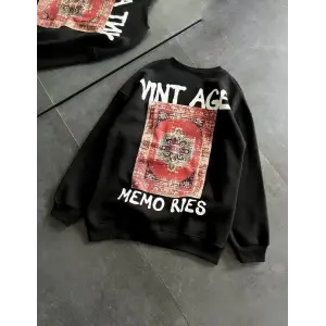 Kadın Bisiklet Yaka 3 İplik pamuklu Baskılı Oversize SweatShirt - Siyah