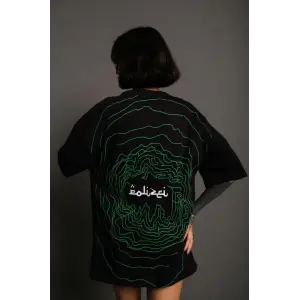 Kadın Bisiklet Yakalı Sırt Baskılı Oversize Kısa kol T-Shirt - Siyah