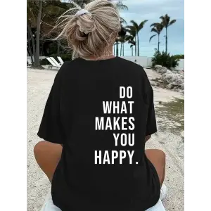 Kadın Kısa Kol Yazlık Tişört Bisiklet Yaka Baskılı Oversize T-Shirt - Siyah