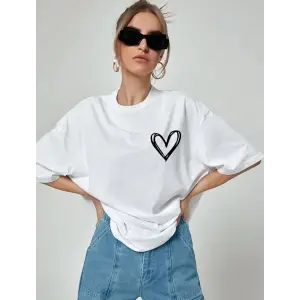 Kadın Tişort Kalp Baskılı Bisiklet yaka Kısa kol T-Shirt - Beyaz