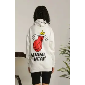 Kadın Oversize Kapüşonlu Cepli Baskılı 3 İplik Pamuklu Hoodie Sweatshirt - Beyaz