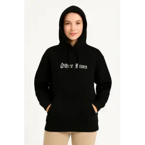 Kadın Kapüşonlu Kanguru Cepli Sweatshirt 3 İplik Pamuklu Baskılı Hoodie - Siyah