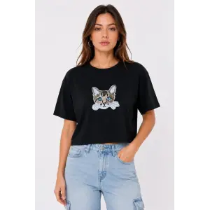 Kadın Kedi Baskılı Oversize Crop Tişört Salaş Basic Yarım Kol T-shirt - Siyah