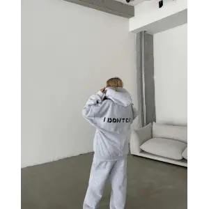 Kadın Nakış İşlemeli 3 İplik Pamuklu Sweat Alt-Üst Takım- Gri