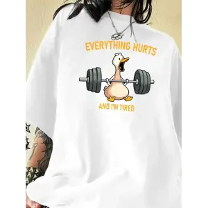 Kadın T-Shirt Ördek Baskılı Bisiklet Yaka Kısa kol Tişört - Beyaz