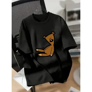 Kadın Tişört Ayı Baskılı Bisiklet Yaka Yazlık Kısa Kol T-shirt - Siyah