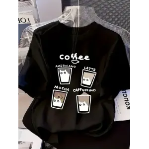 Kadın Kısa Kol Yazlık Tişört Bisiklet Yaka Baskılı Oversize T-Shirt - Siyah
