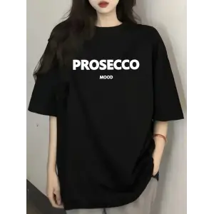Kadın Kısa Kol Yazlık Tişört Bisiklet Yaka Baskılı Oversize T-Shirt - Siyah