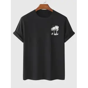 Erkek Kısa Kol Yazlık Tişört Bisiklet Yaka Palmiye Baskılı T-Shirt - Siyah