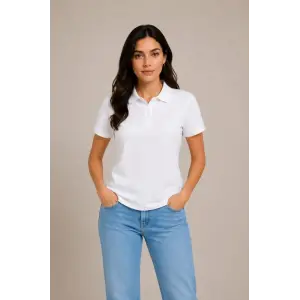 Kadın Polo Yaka Pike Kumaş Düğmeli Basic Tişört Günlük Rahat - Beyaz