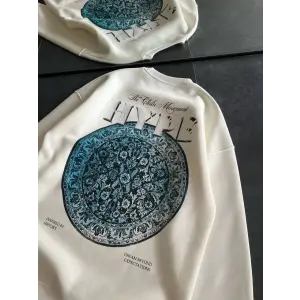 Kadın 3 İplik Pamuklu Bisiklet Yaka Baskılı SweatShirt - Beyaz
