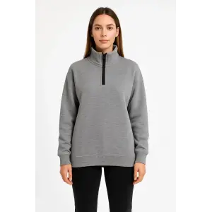 Kadın 3 İplik Pamuklu Dık Yaka Yarım Fermuarlı SweatShirt - Gri
