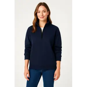 Kadın 3 İplik Pamuklu Dık Yaka Yarım Fermuarlı SweatShirt - Lacivert