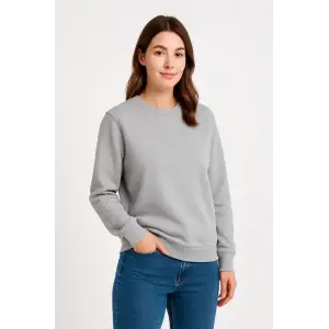 Kadın 3 İplik Pamuklu Düz Bisiklet Yaka SweatShirt - Gri