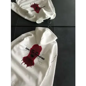 Kadın Kapüşonlu Kanguru Cepli Sweatshirt 3 İplik Pamuklu Baskılı Hoodie - Beyaz