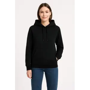 Kadın 3 İplik Pamuklu Kapüşonlu Kanguru Cepli Sweatshirt hoodie - Siyah