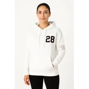 Kadın Kapüşonlu Kanguru Cepli Sweatshirt 3 İplik Pamuklu Baskılı Hoodie - Beyaz