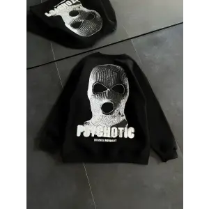 Kadın 3 iplik Kışlık Bisiklet Yaka Baskılı SweatShirt - Siyah
