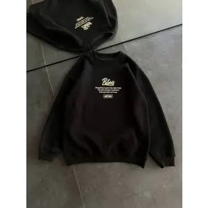 Kadın 3 iplik Pamuklu Bisiklet Yaka Baskılı SweatShirt - Siyah