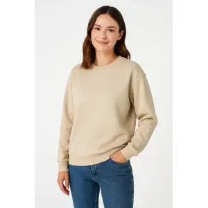 Kadın 3 İplik Pamuklu Düz Bisiklet Yaka SweatShirt - Bej